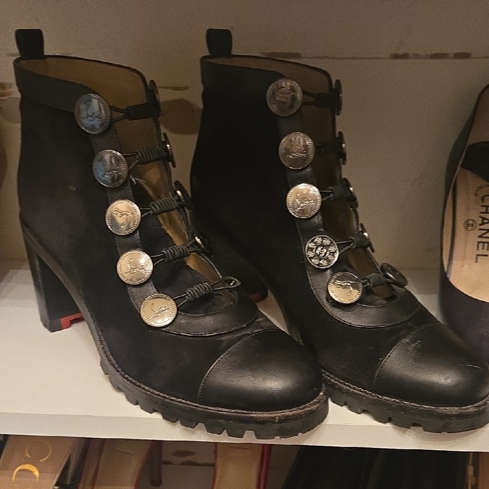 Christian Louboutin Black Heeled Boots with Silver Accents